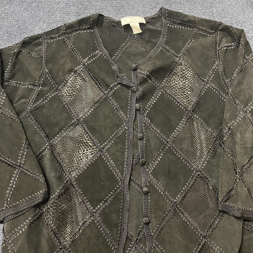 CBO New York Jacket Womens 3X Green Leather Argyle Button Front Trim Detail
